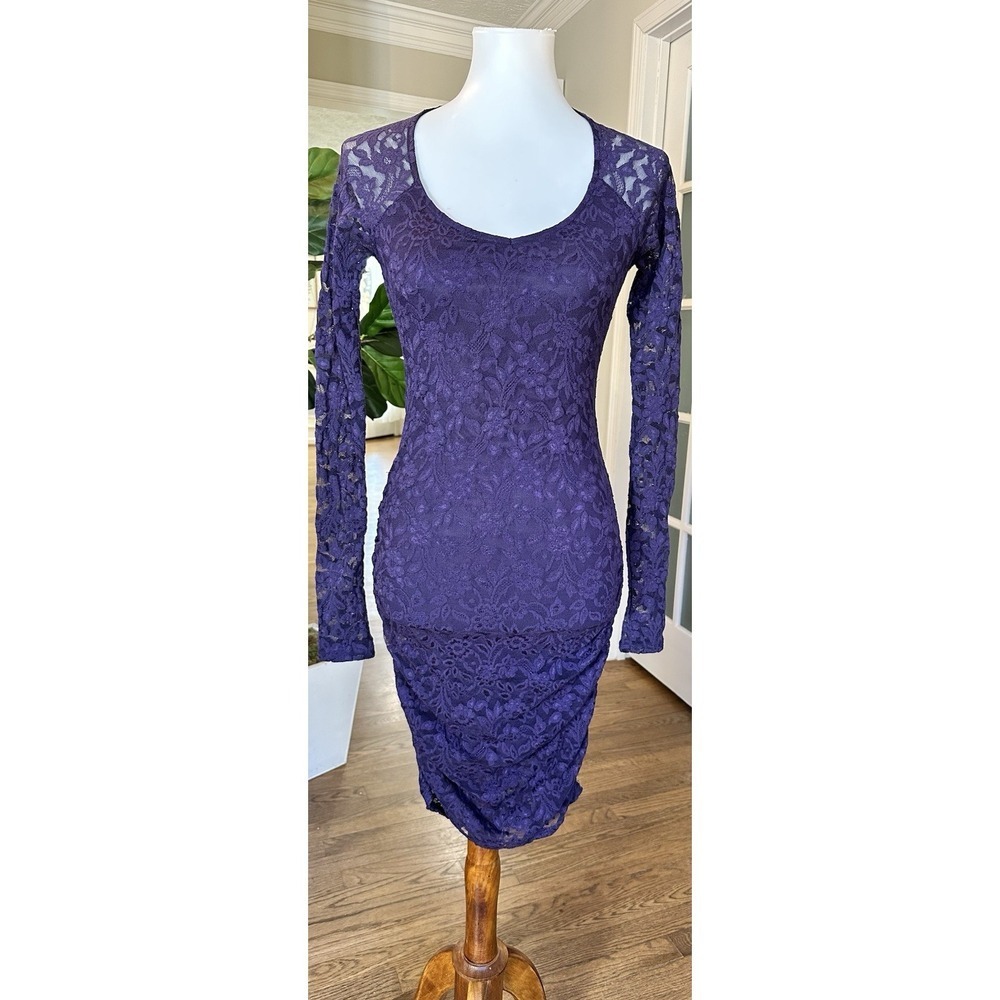 MODA International Purple Lace Bodycon Dress XS Long Sleeve Ruched Sheer Floral